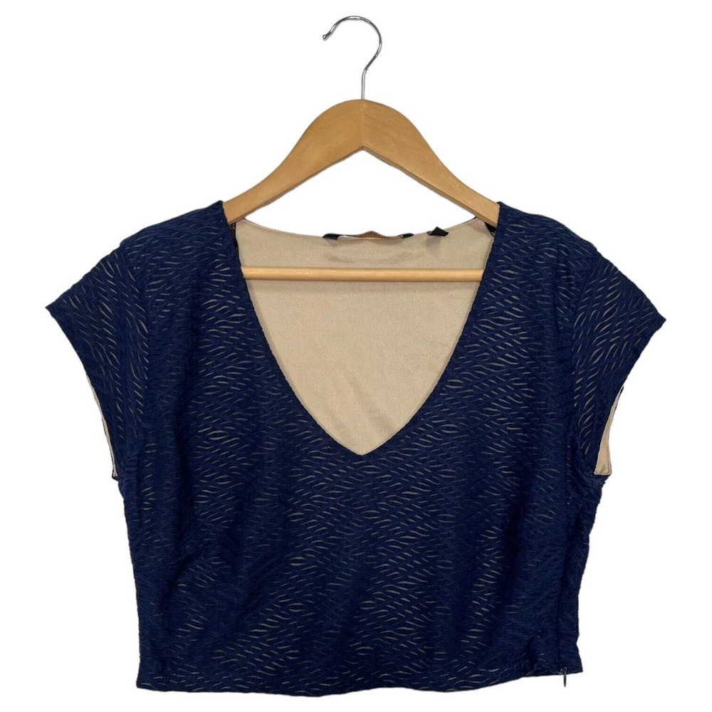 Kardashian Kollection Top Womens L Cropped Mesh Overlay V Neck Cap Sleeve Navy